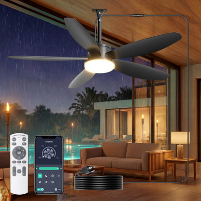 Phylluz 42 Inch Waterproof Outdoor Ceiling Fan with Light, Modern Ceiling Fans with 3 Colors LED Light, App & Remote Control, Quiet DC Motor, for Patios Gazebo, Black