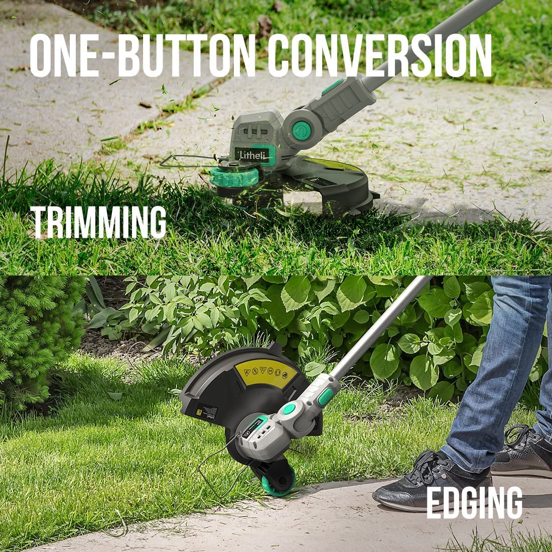 Litheli Cordless String Trimmer 12 Inch, 20V Battery Grass Trimmer/Wheeled Edger, 2-in-1 Weed Wacker with Auto Line Feed for Lawn Trimming/Edging, with 2.0Ah Battery and Charger Included