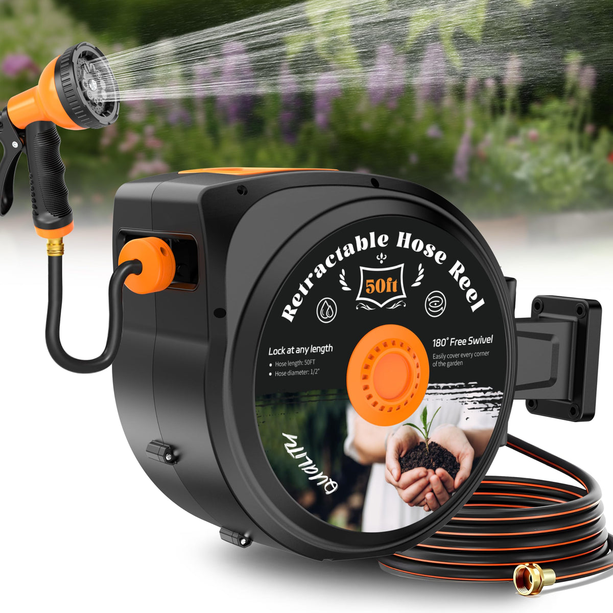 Retractable Garden Hose Reel, 1/2 in x 50 ft Wall Mounted Hose Reel