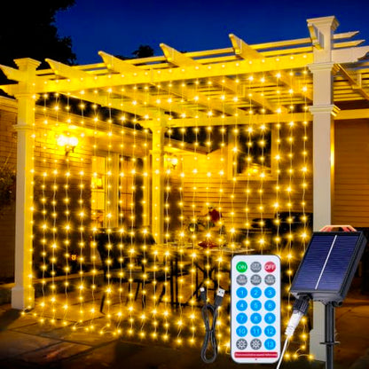 Curtain Lights Outdoor 10x10Ft 300LED Hanging Solar Lights with Solar & USB-C Charging 13 Modes Dimmable Waterproof Remote Twinkle Fairy String Light for Gazebo Patio Christmas Yard Pavilion Pergola