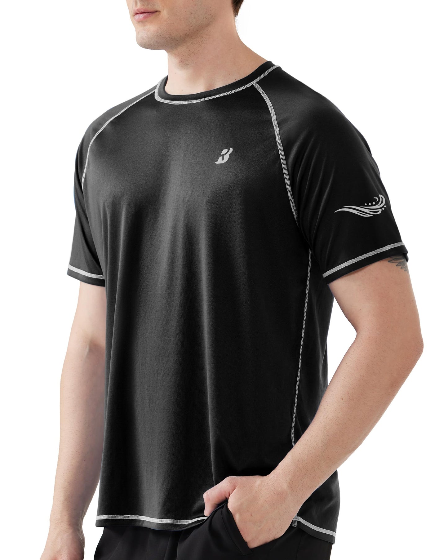 Roadbox Mens UPF 50+ Swim Shirt, Short Sleeve UV Sun Protection Rash Guard, Quick Dry Water T-Shirt Surf Running Workout Tee