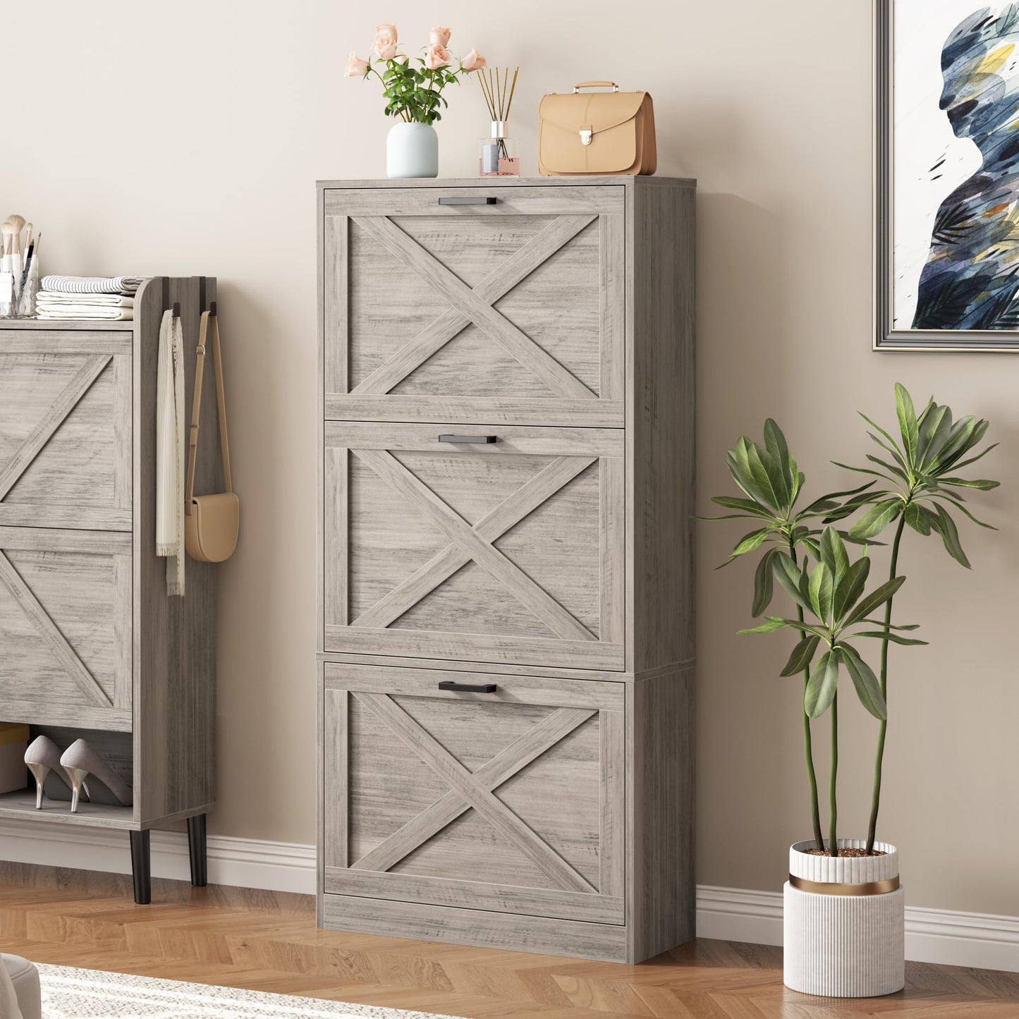 HOMEFORT Shoe Storage Cabinet for Entryway,24" Slim Shoe Organizer with 3 Flip Drawers, Narrow Shoe Rack for Front Door Entrance Washed Gray