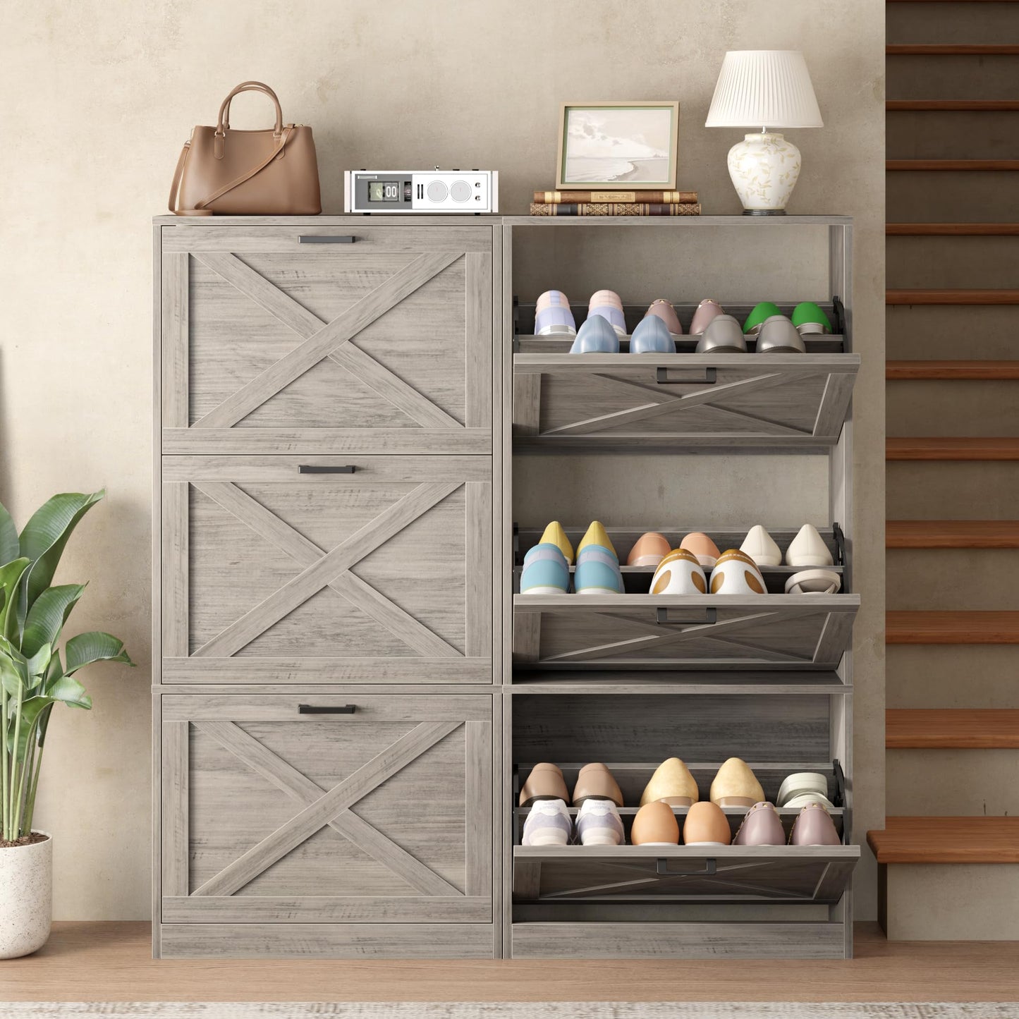 HOMEFORT Shoe Storage Cabinet for Entryway,24" Slim Shoe Organizer with 3 Flip Drawers, Narrow Shoe Rack for Front Door Entrance Washed Gray