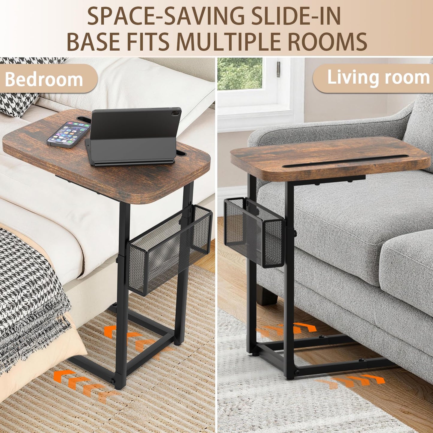 C Table End Table Adjustable Height,TV Tray Table with Storage Baskets