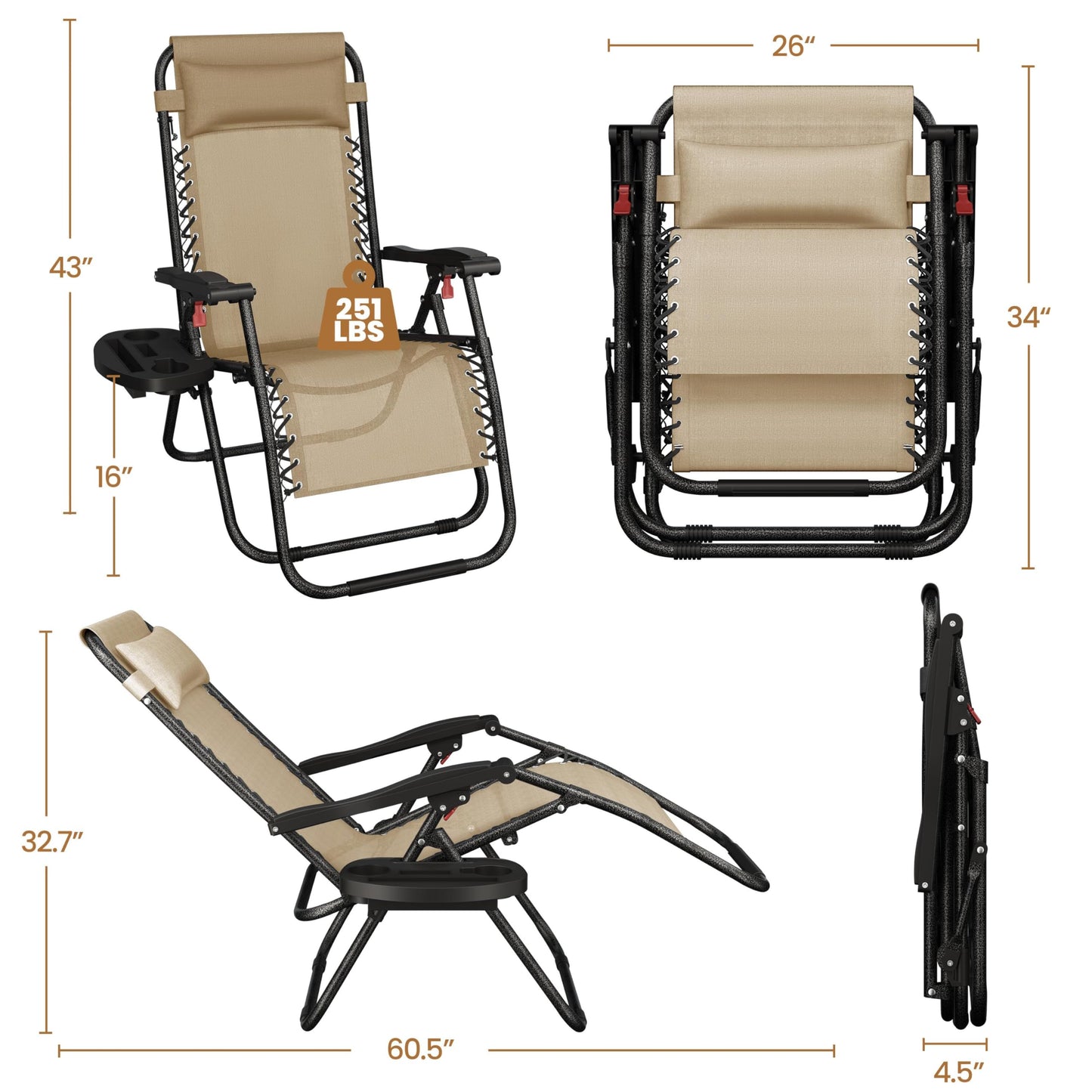 Yaheetech Zero Gravity Recliners Outdoor Adjustable Folding Reclining Lounge Chairs w/Pillows, Cup Holder Trays and Carry Strap for Patio Backyard Beach Beige Set of 2