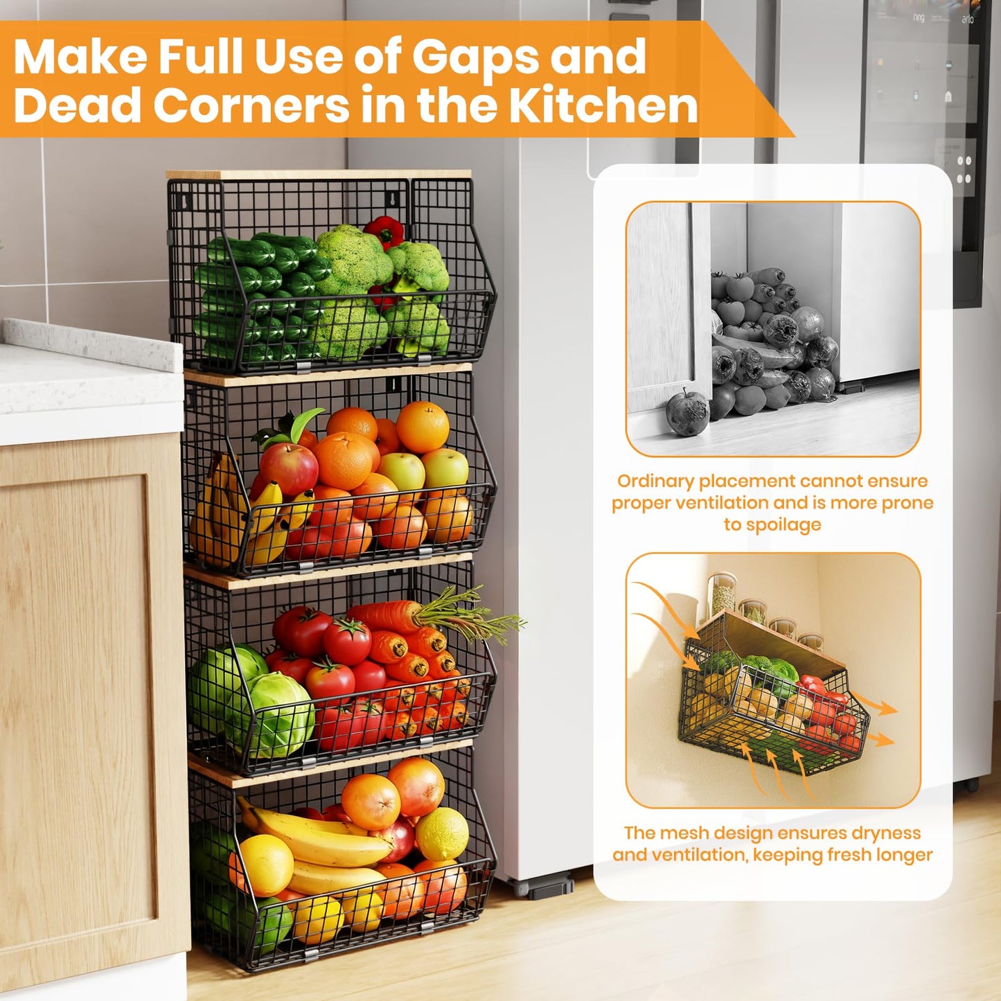 Goovilla Wire Fruit Basket Metal, Kitchen Hanging Fruit Bowl with 3 Banana Hanger, Kitchen Countertop Rack with Wood Lid, Wall mounted Storage Baskets for Vegetables, Bread
