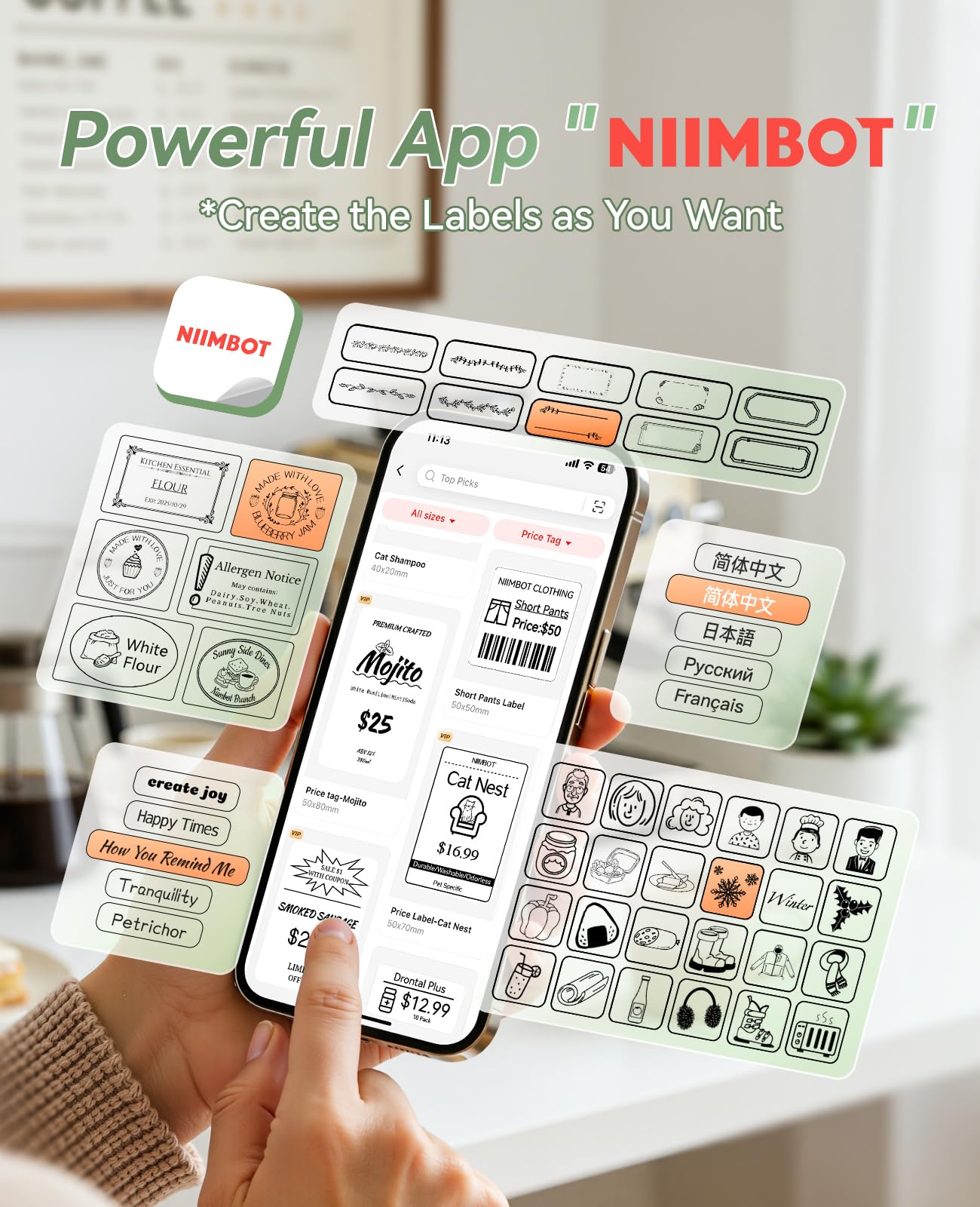 NIIMBOT B2 Label Maker Machine with Tape, Mini Portable Thermal Sticker Printer, Bluetooth Labeler for Home Kitchen Office and Business Organization Monochrome Printing