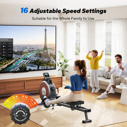 Rowing Machine, MERACH Bluetooth Magnetic Rower Machine with Dual Slide Rail, 16 Levels of Electromagnetic Resistance, Max 350lb Weight Capacity, App Compatible, Rowing Machines for Home Use