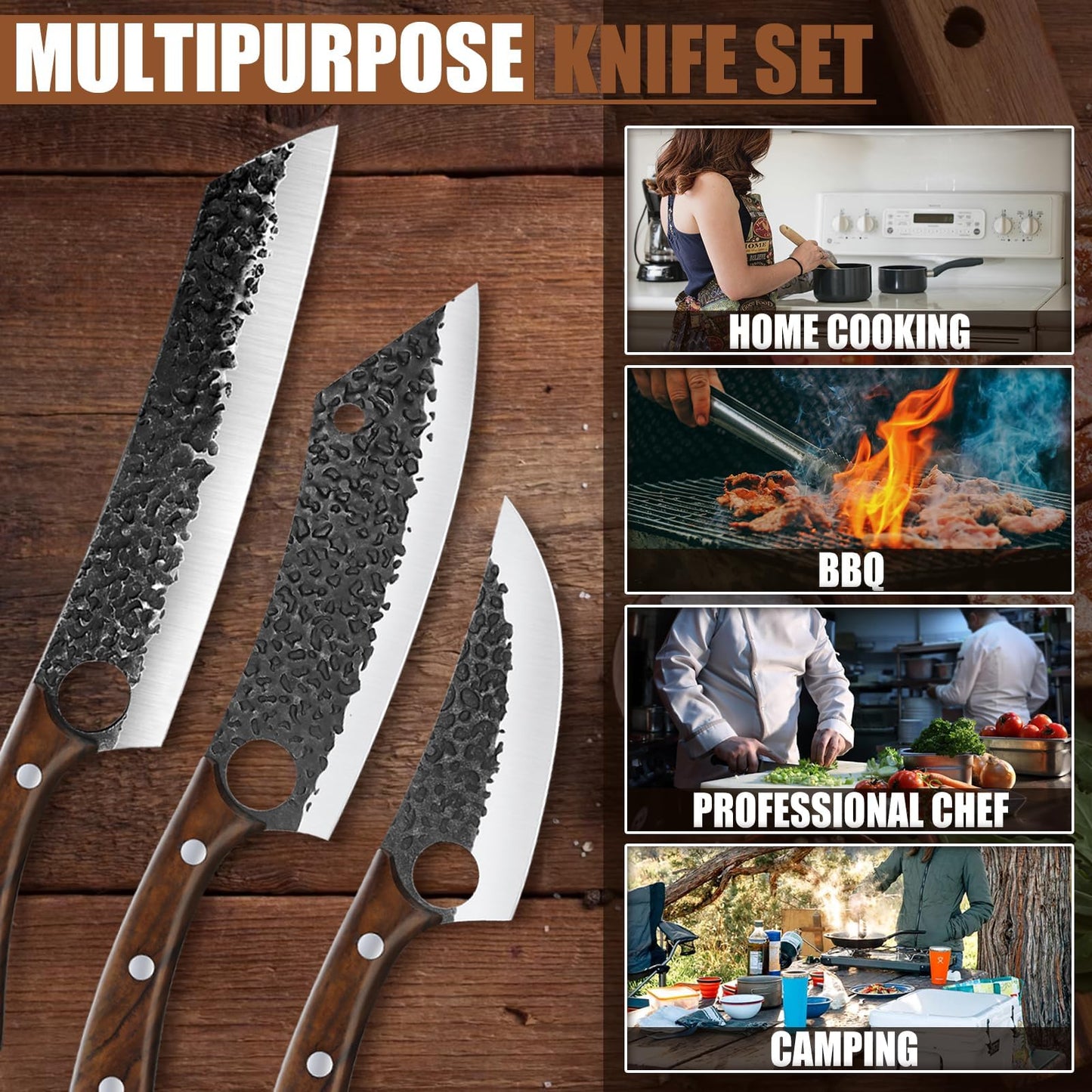 Purple Dragon 6 pcs Chef Knife Set, High Carbon Steel Hand Forged Meat Boning Carving Cleaver Butcher Knife with Accessories for Kitchen, BBQ Camping Knives Set, Christmas Gift for Man