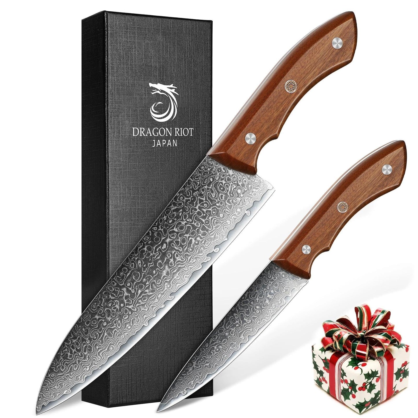 DRAGON RIOT Damascus Chef Knife Set, 2pcs VG10 Steel Kitchen Knife Set, Ultra Sharp Blade & Ergonomic Wooden Handle, Full Tang Forged Damascus Kitchen Cooking Knife Set with Gift Box,Christmas Gift
