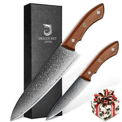 DRAGON RIOT Damascus Chef Knife Set, 2pcs VG10 Steel Kitchen Knife Set, Ultra Sharp Blade & Ergonomic Wooden Handle, Full Tang Forged Damascus Kitchen Cooking Knife Set with Gift Box,Christmas Gift
