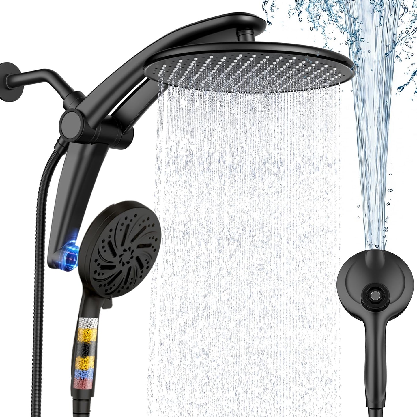 Rain Shower Head with Handheld,Dual Shower Head with Hose,Detachable 10" High Pressure Shower Head Combo with 9 Settings Shower Spray Built-in Magnetic Docking & Power Wash Mode (Black)