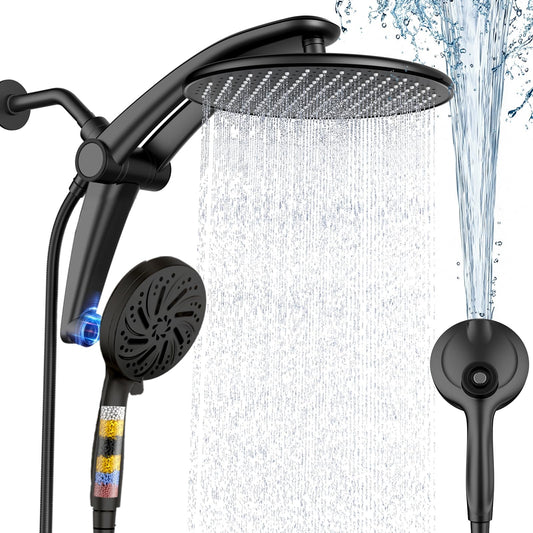 Rain Shower Head with Handheld,Dual Shower Head with Hose,Detachable 10" High Pressure Shower Head Combo with 9 Settings Shower Spray Built-in Magnetic Docking & Power Wash Mode (Black)