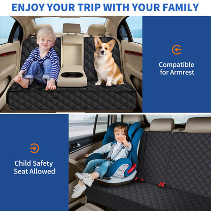 Portin Dog Car Seat Covers Pet Seat Cover, Waterproof Nonslip Bench Rear Seat Cover Compatible for Middle Seat Belt Fits Most Cars Trucks and SUVs MPVs (Black-Large Size, 60in Wide)