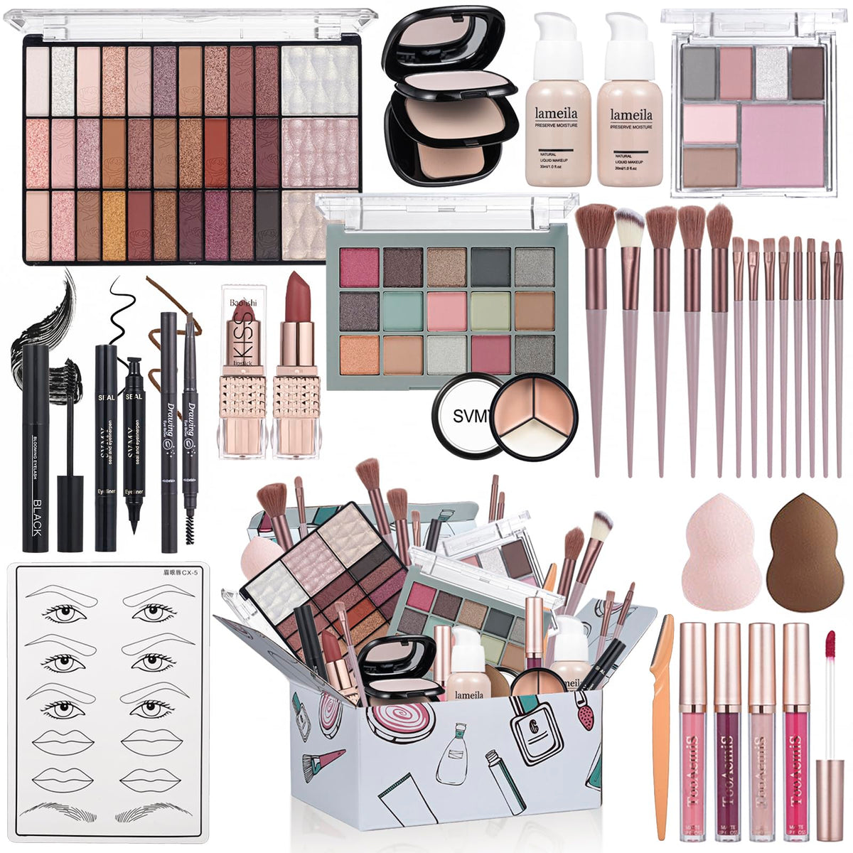 All-in-One Makeup Kit - 39-Color Eyeshadow Palette, Liquid Foundation, Loose Powder, Eyebrow Pencil, 4-Color Lip Gloss Set