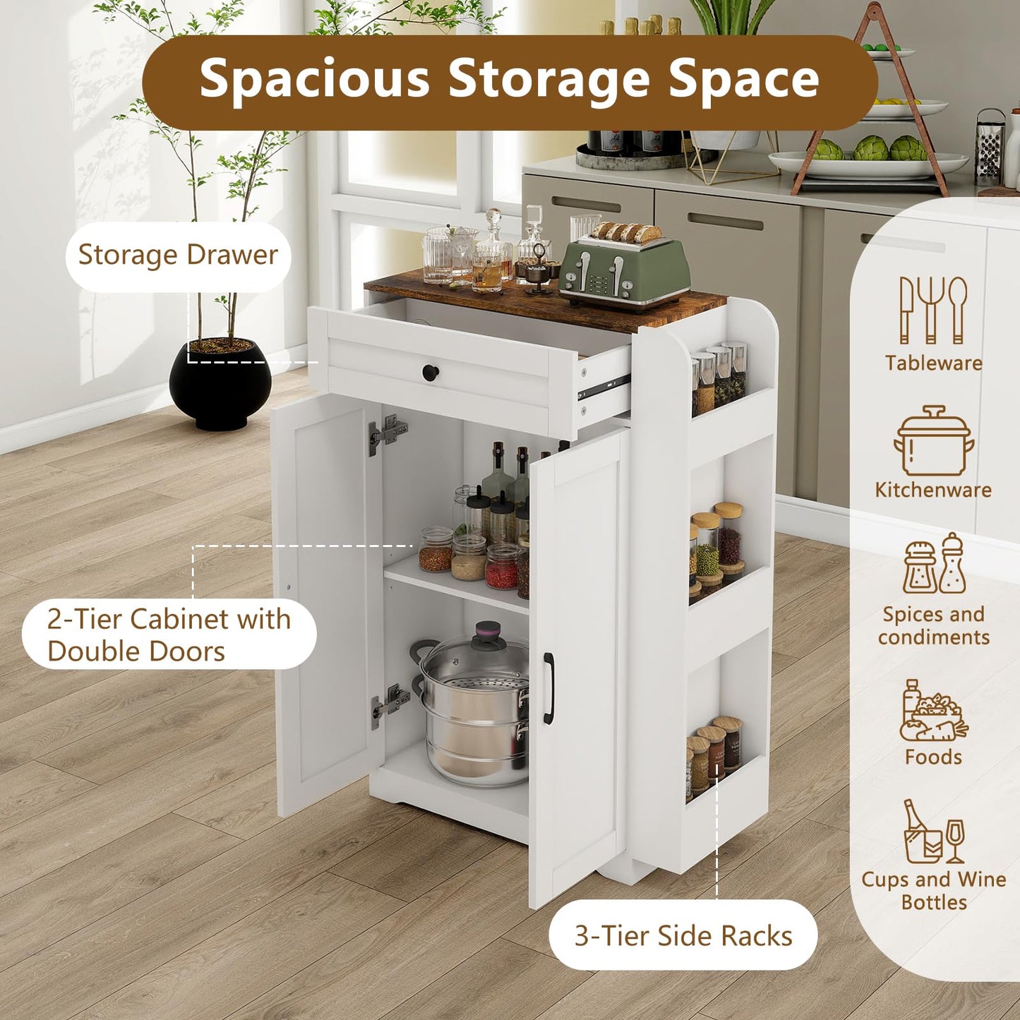 SOLIDEE Modern Buffet Cabinet with Storage, 23.6" Narrow Sideboard with 3-Tier Side Racks, Kitchen Storage Cabinet with Drawer, 2 Shaker Doors and Adjustable Shelf, White