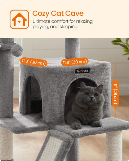 Feandrea Cat Tree, Small Cat Tower with Widened Perch for Large Cats Indoor, Kittens, 96 cm Multi-Level Cat Condo, Scratching Posts and Ramp, 2-Door Cat Cave, Cat Basket, Light Gray UPCT51W
