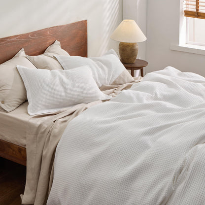 Bedsure PureWoven 3 Pieces 100% Cotton Waffle Duvet Cover Set, Queen, White
