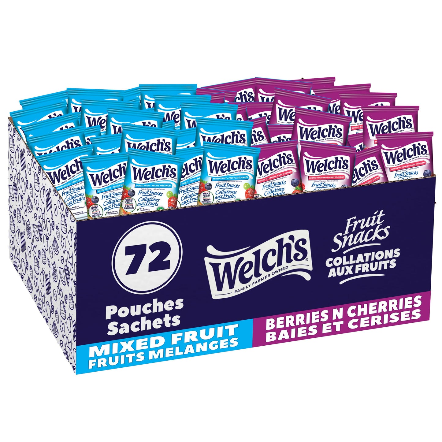 Welch's Fruit Snacks, Mixed Fruit & Berries 'N Cherries, Bulk Pack, Gluten Free, Individual Single Serve Bags, 22g (Pack of 72)