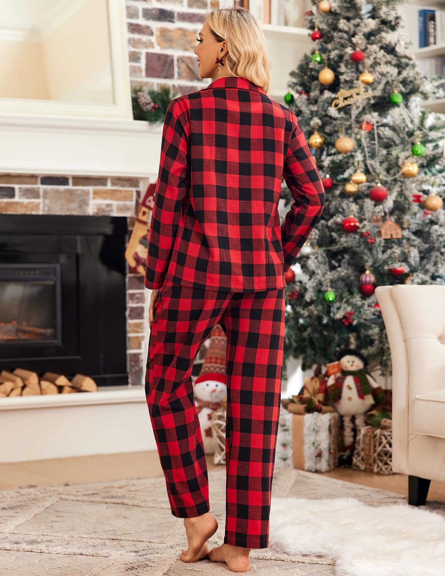 Ekouaer Womens Pajama Sets 2 Piece Cotton Plaid Pjs Long Sleeve Sleepwear Button Down Lounge Set with Pockets