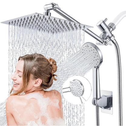 GIFTQOOL 10 Inch Chrome Dual Rain Handheld Shower Head Combo Set 5 Modes High Pressure Rainfall Shower Head with Adjustable Extension Arm, Hose