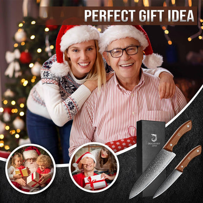 DRAGON RIOT Damascus Chef Knife Set, 2pcs VG10 Steel Kitchen Knife Set, Ultra Sharp Blade & Ergonomic Wooden Handle, Full Tang Forged Damascus Kitchen Cooking Knife Set with Gift Box,Christmas Gift
