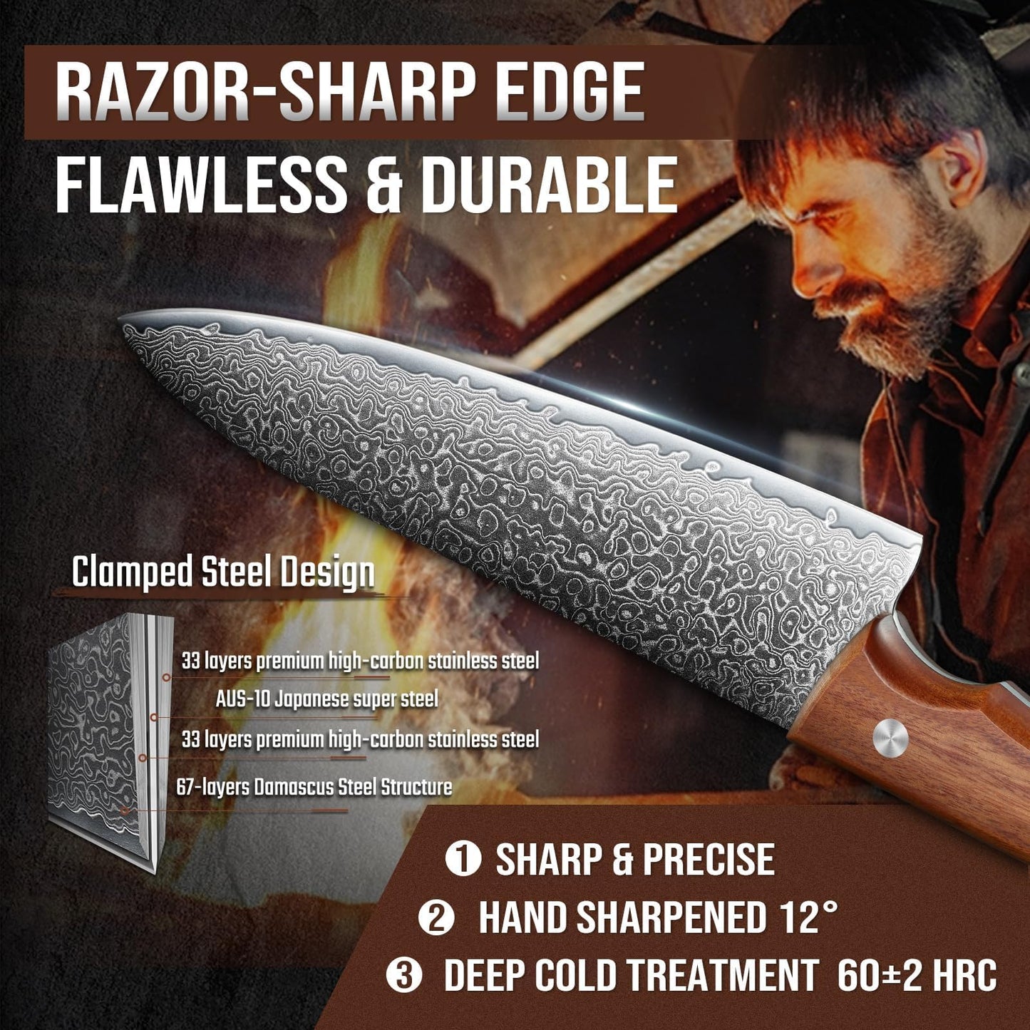 DRAGON RIOT Damascus Chef Knife Set, 2pcs VG10 Steel Kitchen Knife Set, Ultra Sharp Blade & Ergonomic Wooden Handle, Full Tang Forged Damascus Kitchen Cooking Knife Set with Gift Box,Christmas Gift