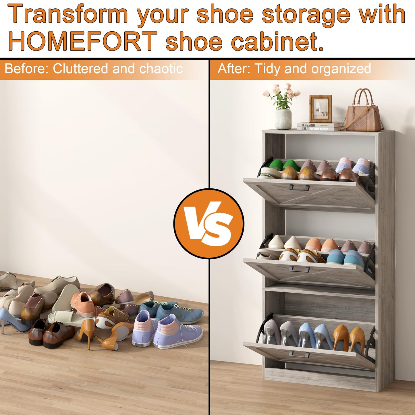 HOMEFORT Shoe Storage Cabinet for Entryway,24" Slim Shoe Organizer with 3 Flip Drawers, Narrow Shoe Rack for Front Door Entrance Washed Gray