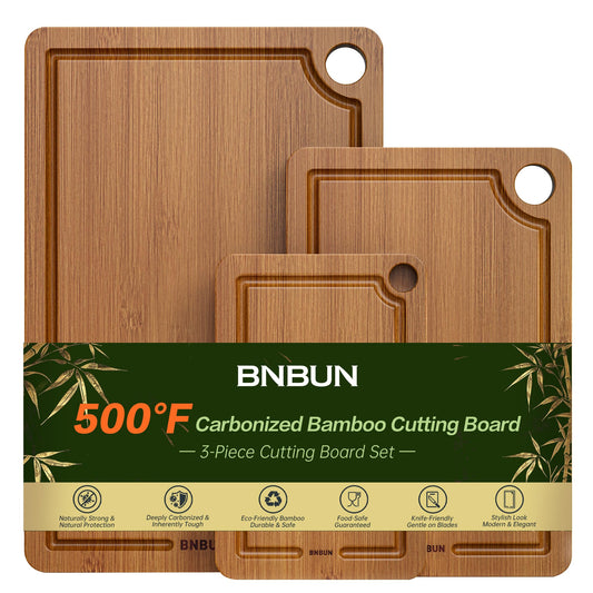 BNBUN Bamboo Cutting Board for Kitchen, Wooden Cutting Board 3-Piece Set with Non-Slip Mat Deep Juice Groove and Built-in Handles, Wood Cutting Board for Meat Vegetables Fruit Ideal Gift for the Home