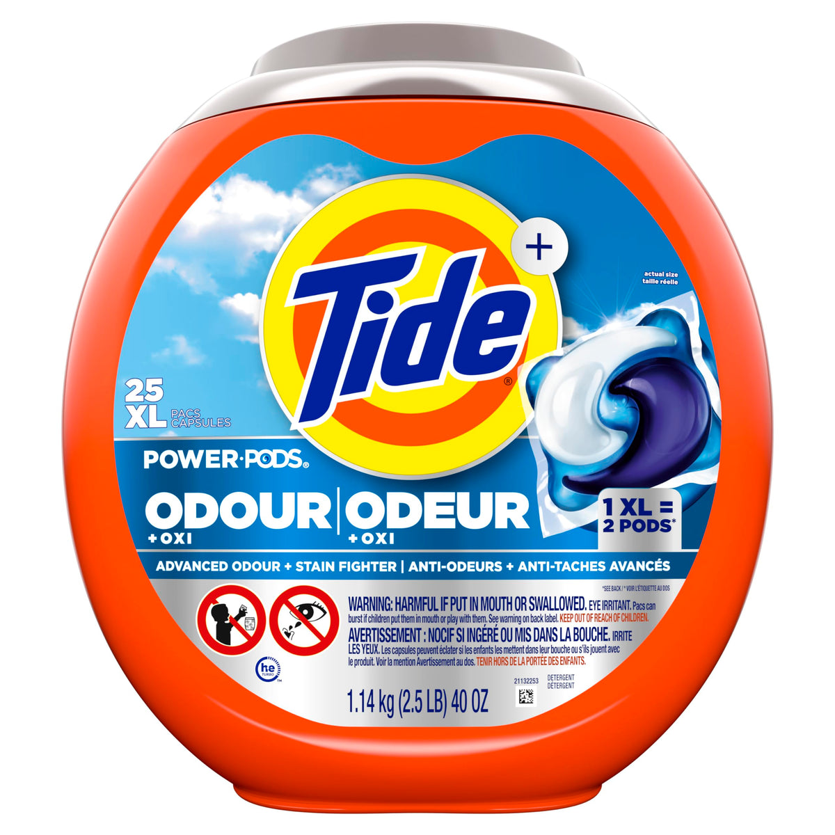 Tide Odour + Oxi Laundry Detergent Pacs, Original Scent, Advanced Odour + Stain Fighter, laudry soap washing detergent pacs, 25 Count