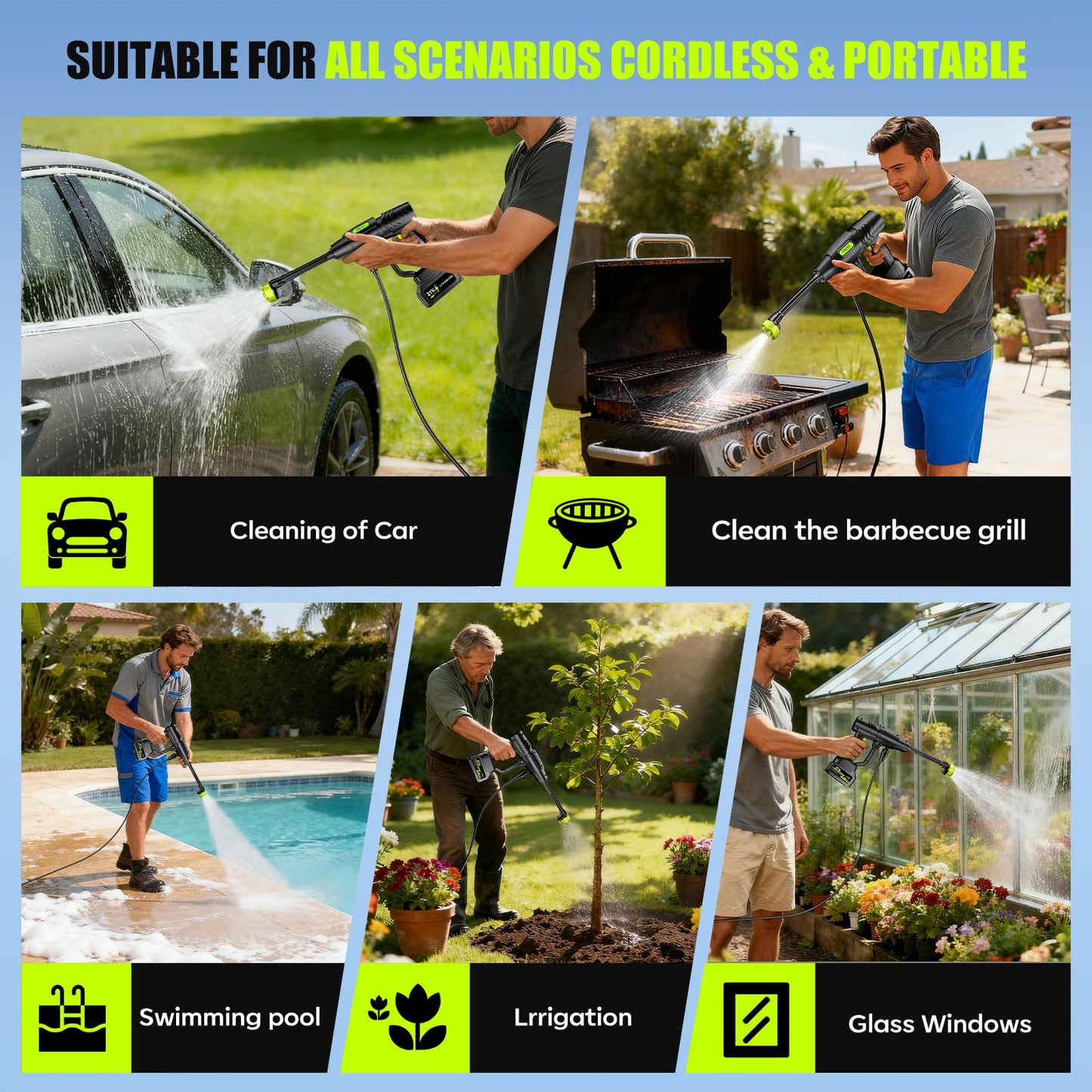 YKYI Cordless Pressure Washer, 1200 PSI Portable Power Washer with 30 Pressure Levels, 21V Battery Operated with 6-in-1 Nozzle for Car Washing, Patio, Fence and Garden (Black)