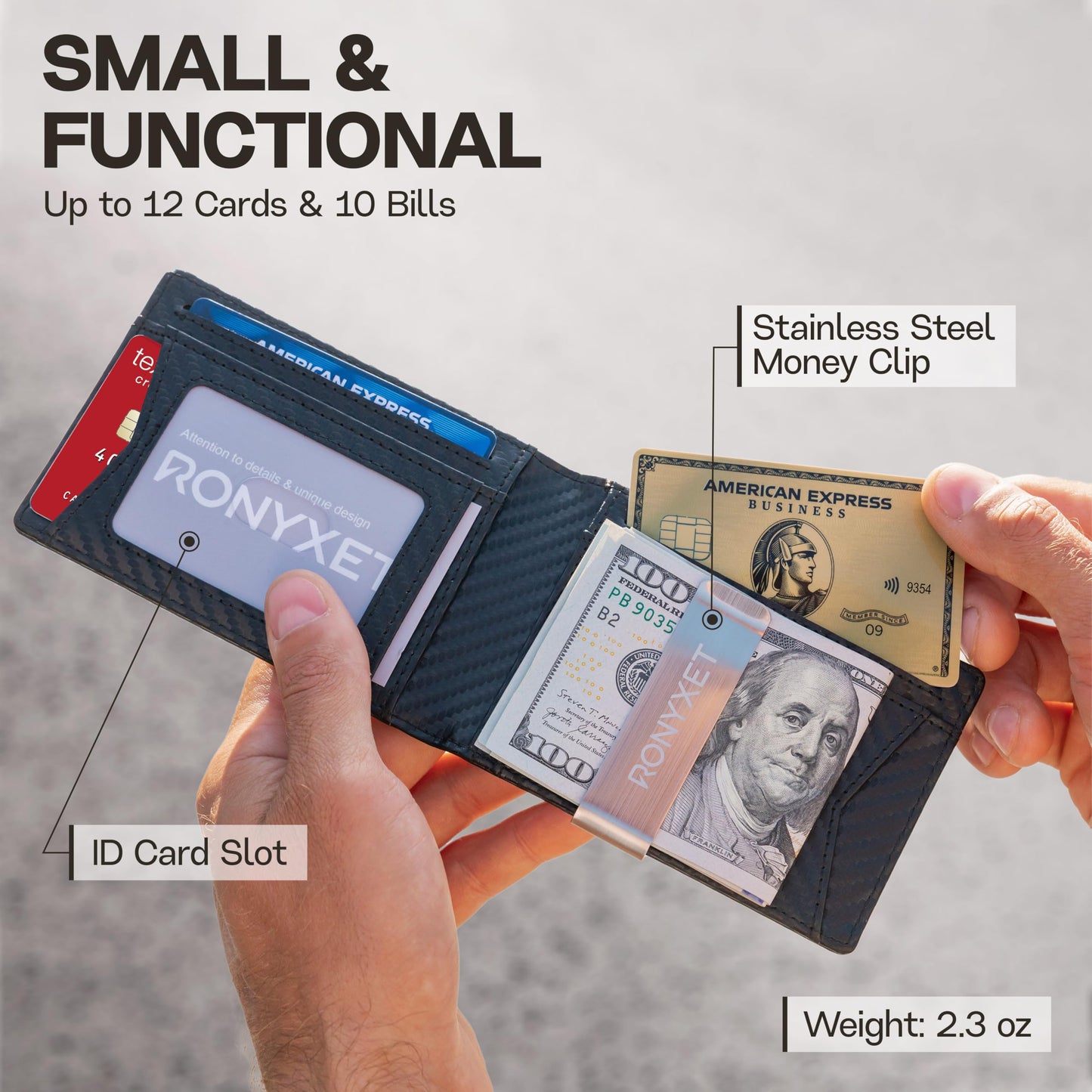 Ronyxet Slim RFID Wallet for Mens – Minimalist Wallet for Men with Money Clip, Holds 12 Cards – Durable Leather Carbon Fiber Men’s Wallet – Perfect Mens Gift