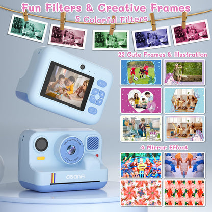 AWANFI Kids Camera Instant Print Toys, 48MP Digital Camera with 1080P Video, 32GB SD Card & 3 Rolls Printing Paper, Fun Instant Print Camera for Kids Ages 3-16, Perfect Christmas & Birthday Gift Blue