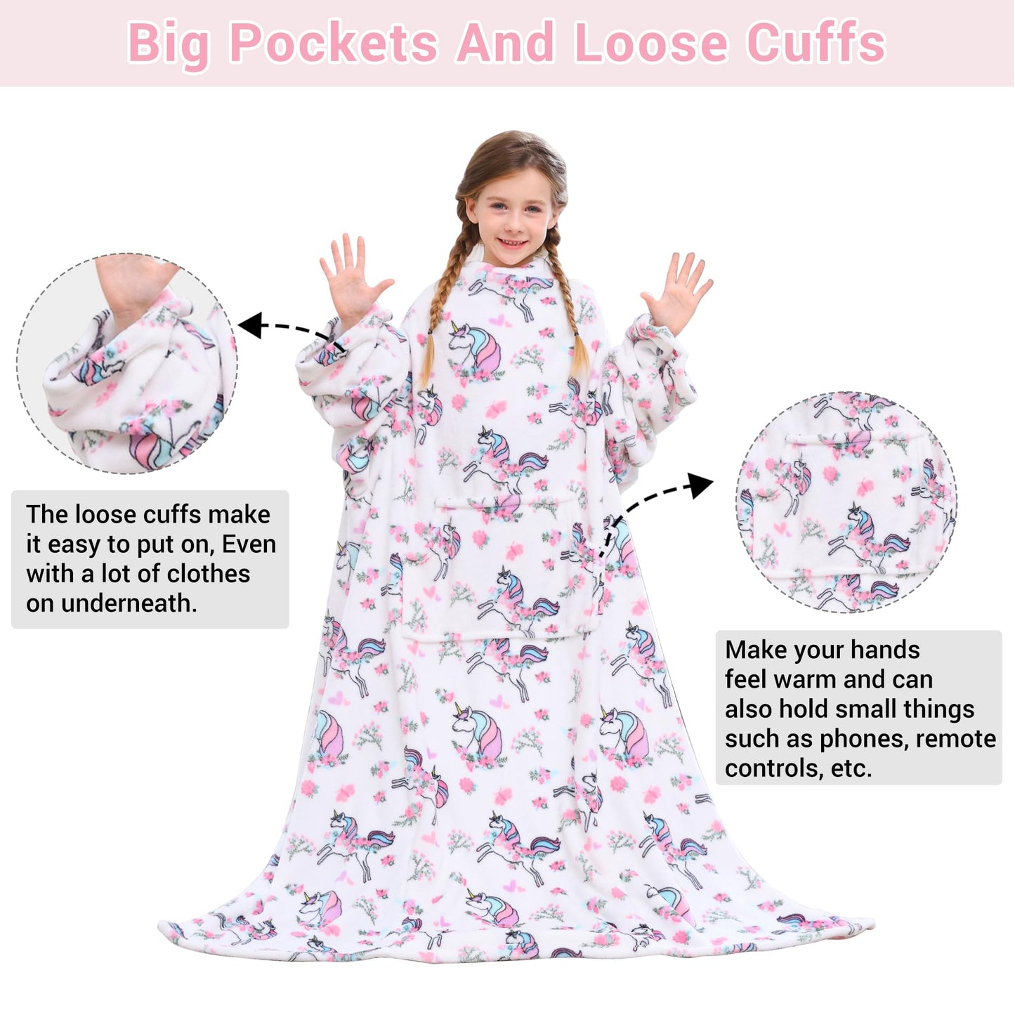Viviland Wearable Fleece Blanket Hoodie, Blanket Hoodie for Kids with Sleeves & Foot Pocket, 47" X 47" Lightweight Soft Like Flannel, White Unicorn Pattern