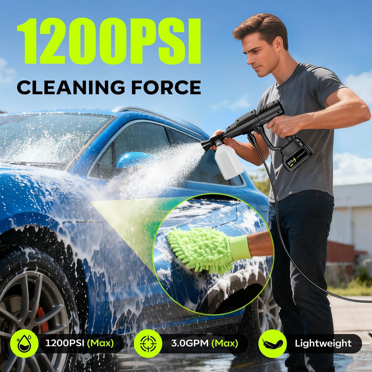 YKYI Cordless Pressure Washer, 1200 PSI Portable Power Washer with 30 Pressure Levels, 21V Battery Operated with 6-in-1 Nozzle for Car Washing, Patio, Fence and Garden (Black)