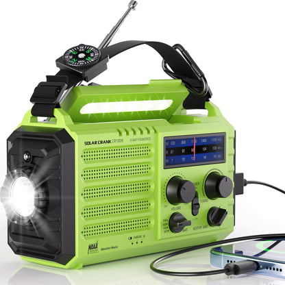Emergency Weather Radio, Hand Crank Solar Powered 5000mAh/18500mWh AM/FM/SW Radio, NOAA Certified, Phone Charger, Flashlight/Reading Lamp, Compass, SOS for Indoor Outdoor Camping Earthquakes Survival