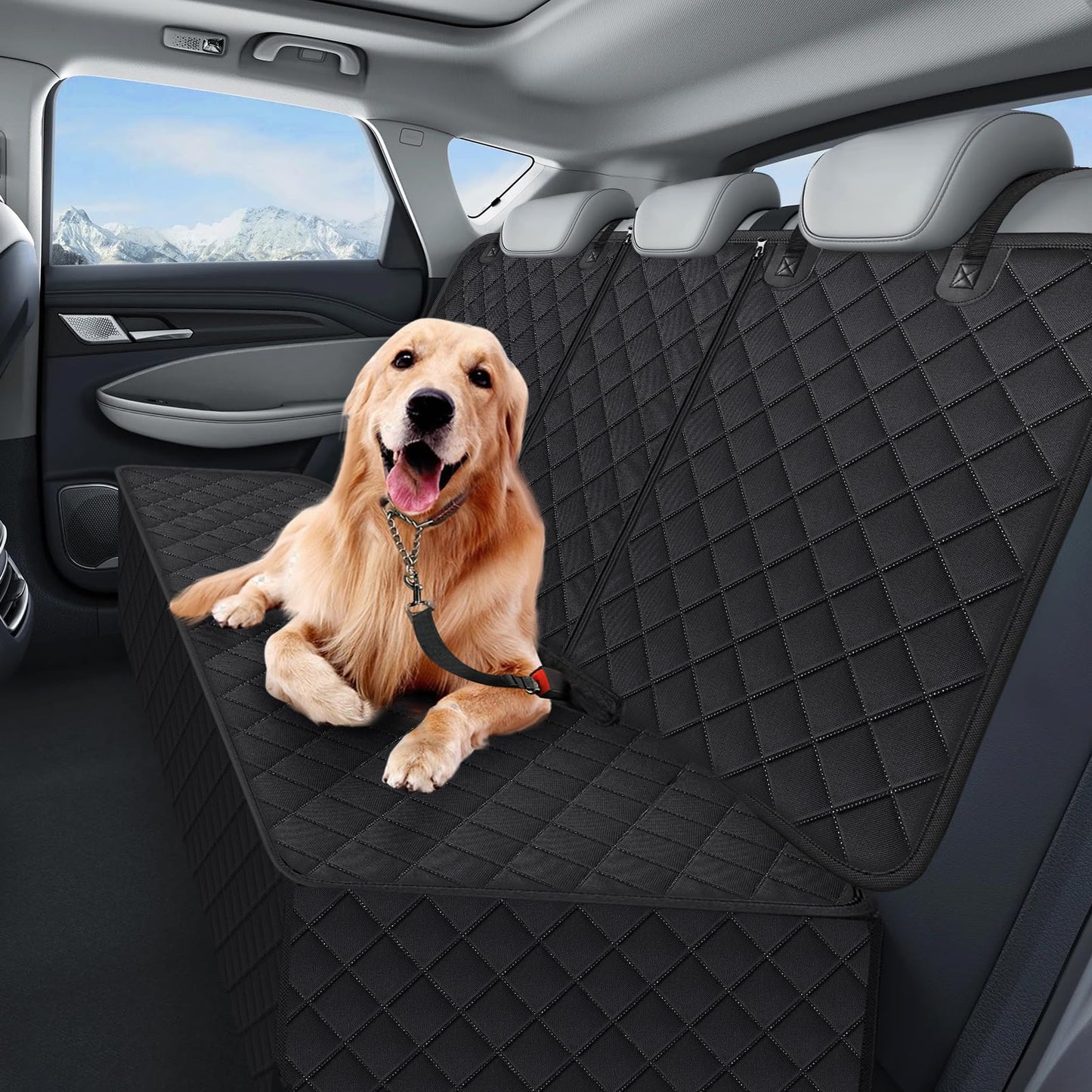 Portin Dog Car Seat Covers Pet Seat Cover, Waterproof Nonslip Bench Rear Seat Cover Compatible for Middle Seat Belt Fits Most Cars Trucks and SUVs MPVs (Black-Large Size, 60in Wide)