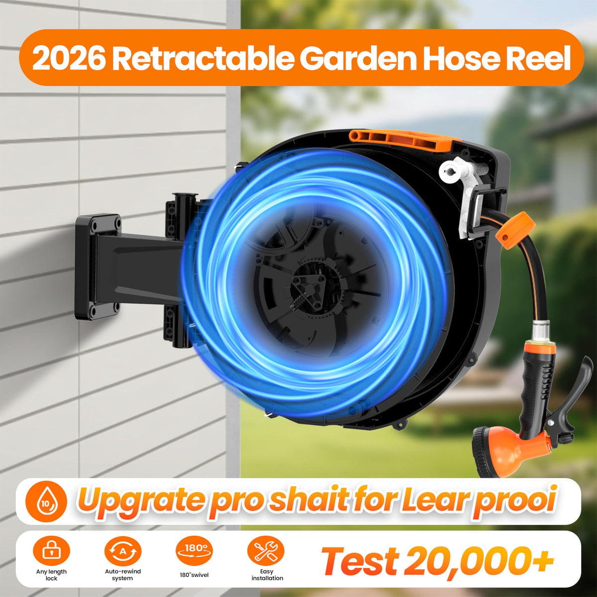 Retractable Garden Hose Reel, 1/2 in x 50 ft Wall Mounted Hose Reel