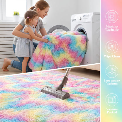 Huiuhjirug Rainbow Fluffy Rug,5x7 Washable Carpet for Living Room Girls Kid
