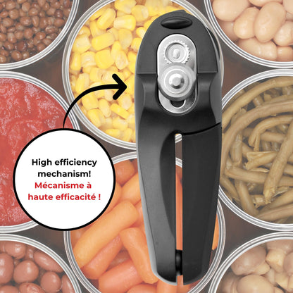 Starfrit MightiCan Can Opener, Safe Smooth-Cut Design, Holds Lid and Leaves No Sharp Edges, Comfort Grip Handle, Heavy-Duty Non-Slip Knob, 3-Year Warranty, Black