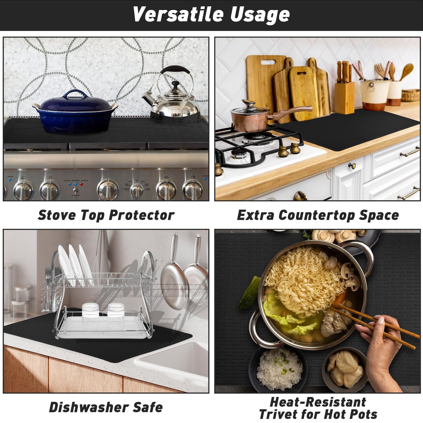 Stove Top Cover for Electric Stove, Silicone Glass Cooktop Protector, 28"x20" Stove Mat, Cooktop Protector, Heat Resistant Range Ceramic Stove Top Covers Mat, Dish Drying Mat XL (Black, 28" x 20")