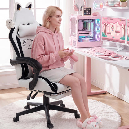 Dowinx Cat Ear Gaming Chair for Adults, Ergonomic Computer Chair with Massage Lumbar Support, Reclining Gamer Chair with Footrest and Headrest, 290 lbs