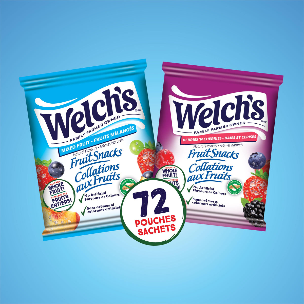Welch's Fruit Snacks, Mixed Fruit & Berries 'N Cherries, Bulk Pack, Gluten Free, Individual Single Serve Bags, 22g (Pack of 72)
