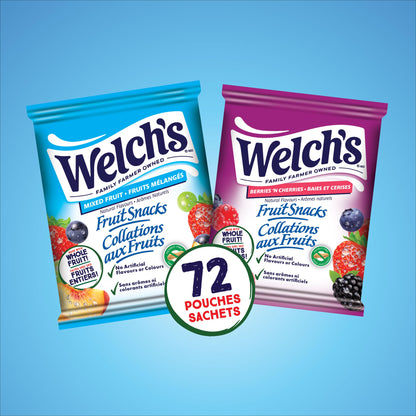 Welch's Fruit Snacks, Mixed Fruit & Berries 'N Cherries, Bulk Pack, Gluten Free, Individual Single Serve Bags, 22g (Pack of 72)