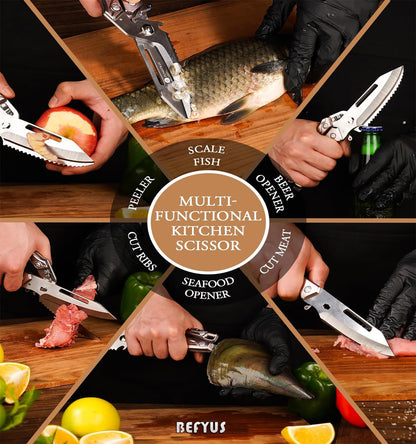 BEFYUS Kitchen Scissors Heavy Duty - Premium Kitchen Shears with Ultra Sharp Stainless Steel Multi-Function Food Scissors，Poultry Shears Scissor Tools for Cutting Chicken/Meat/Fish/Bone (Brown)