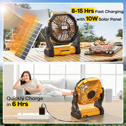 20000mAh Solar Powered Fan, 7W Solar Panel Portable Solar Fan with LED Lantern, Rechargeable Battery Powered Camping Fan for Picnic, Barbecue, Fishing, Travel (Yellow, Milliamp Hours, 20000)