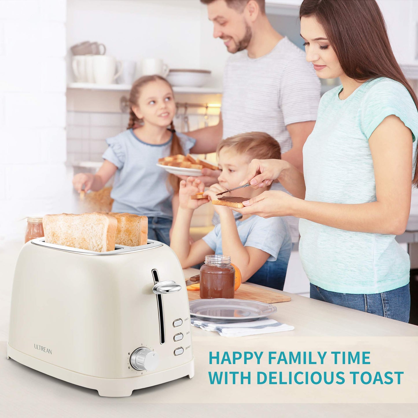 Ultrean Toaster 2 Slice with Extra-Wide Slot, Stainless Steel Toaster with Removable Crumb Tray, Small Toaster with 6 Browning Settings, Cancel, Bagel, Deforest Functions, 825 W (Cream)