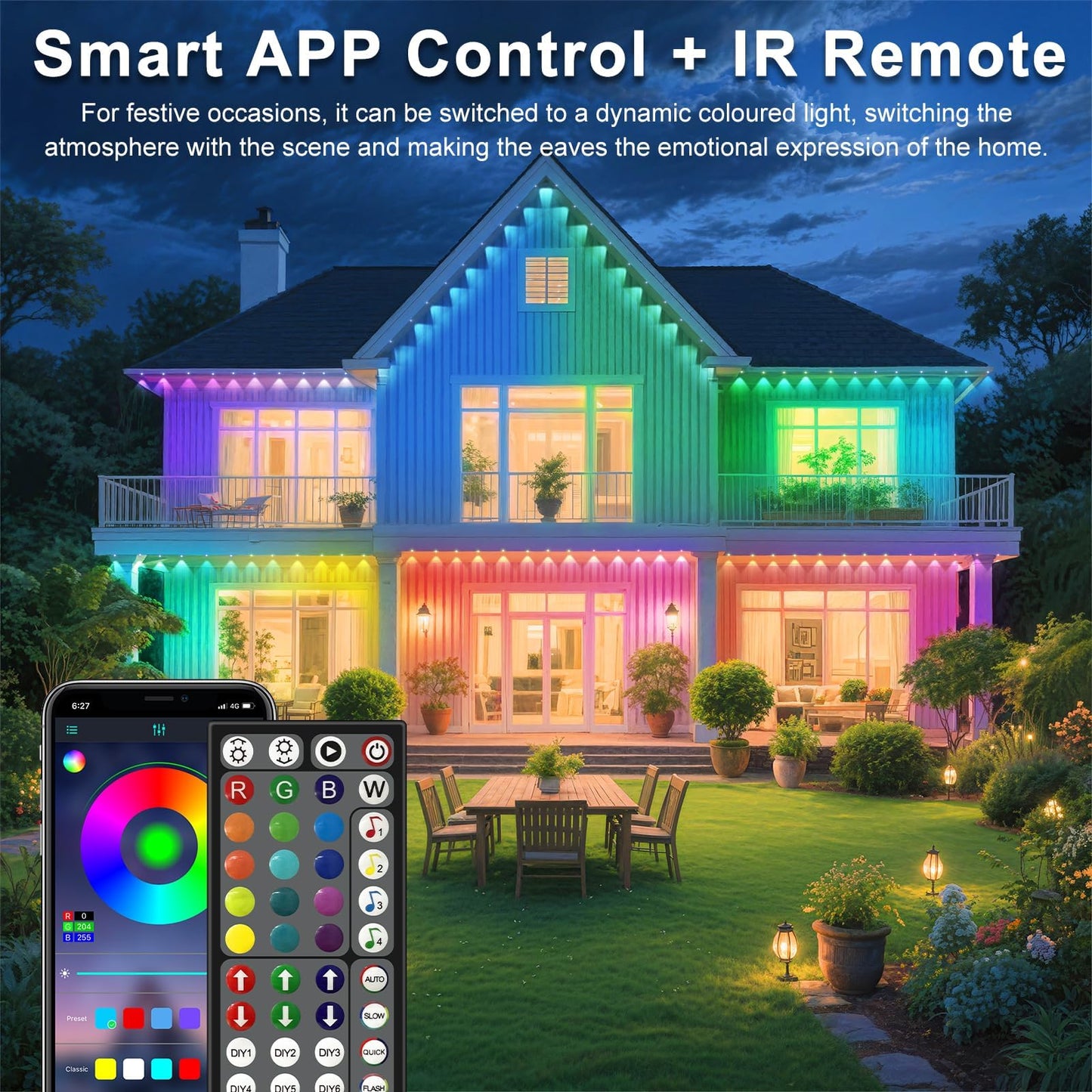 100FT/30M Permanent Outdoor RGB Lights - IP67 Waterproof with Smart App Control Remote,DIY Scene Modes, Music Synchronization,Eaves Lights for Garden Decor,Deck,Christmas