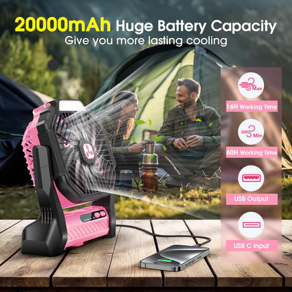Camping Fan with LED Light, 20000mAh Rechargeable Battery Powered Fan