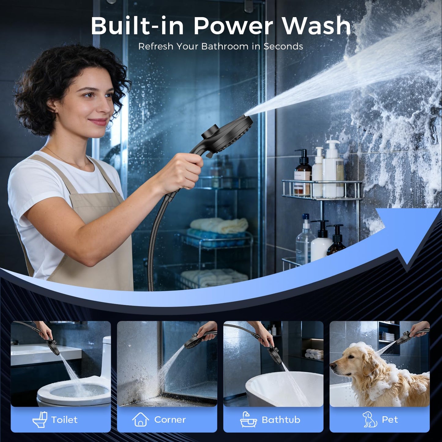 Rain Shower Head with Handheld,Dual Shower Head with Hose,Detachable 10" High Pressure Shower Head Combo with 9 Settings Shower Spray Built-in Magnetic Docking & Power Wash Mode (Black)
